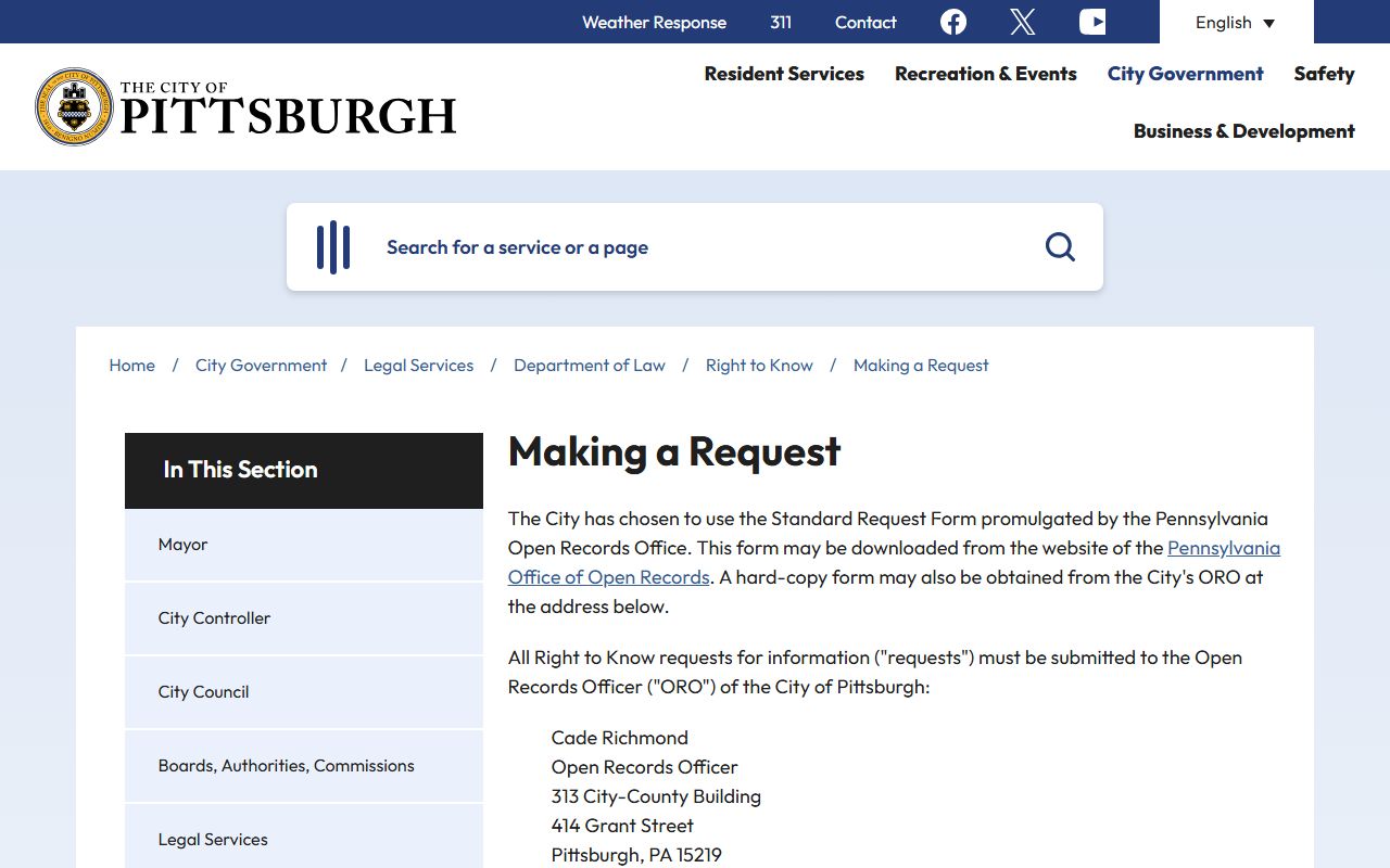 Pittsburgh open records request page for busted mugshots and public records