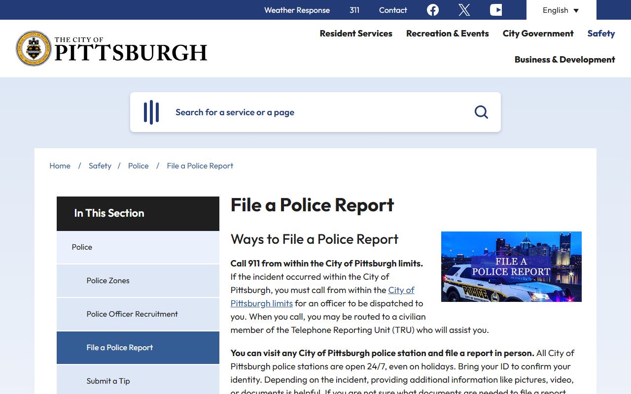 Pittsburgh police report request page for obtaining busted mugshots and arrest records