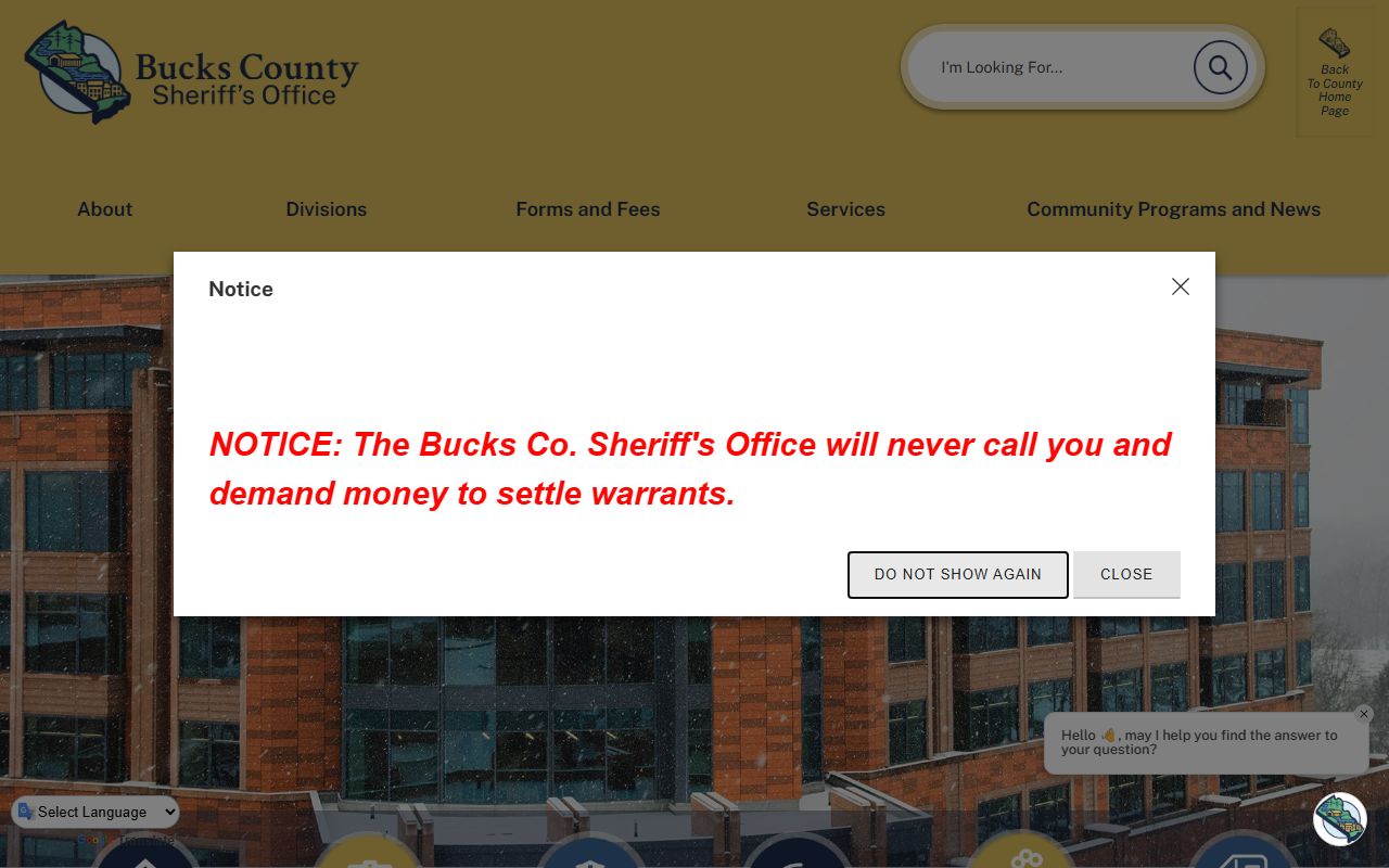 Bucks County Sheriff's Office website for busted mugshots and warrant searches