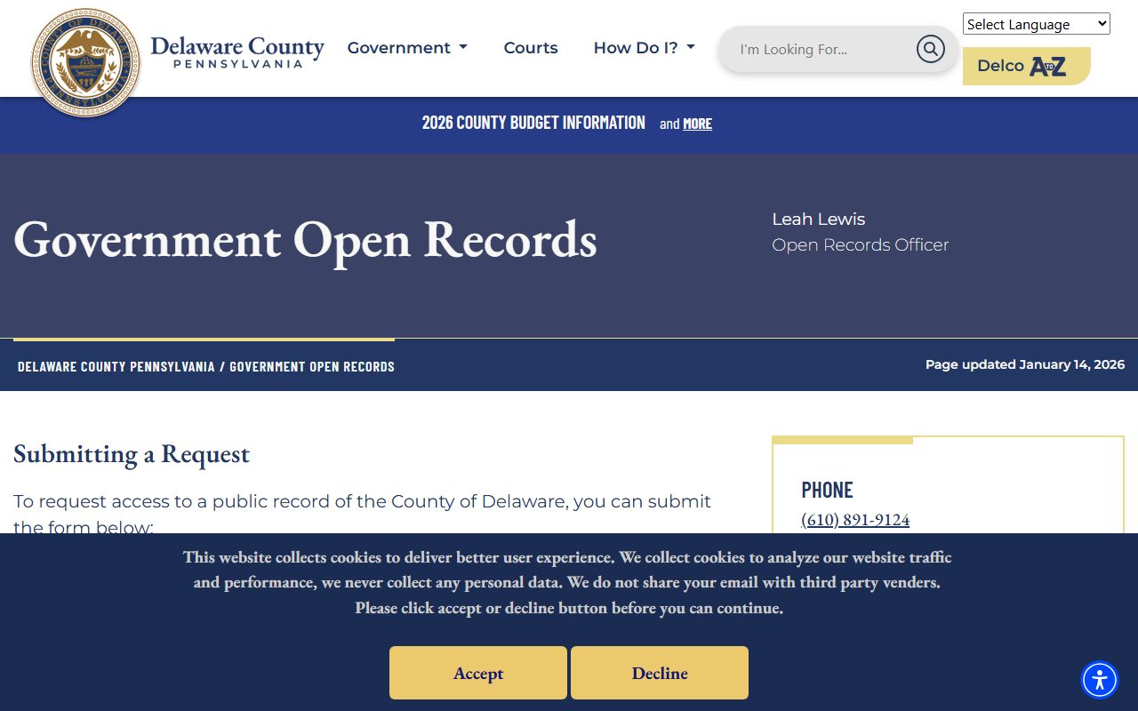 Delaware County Open Records office for public record requests