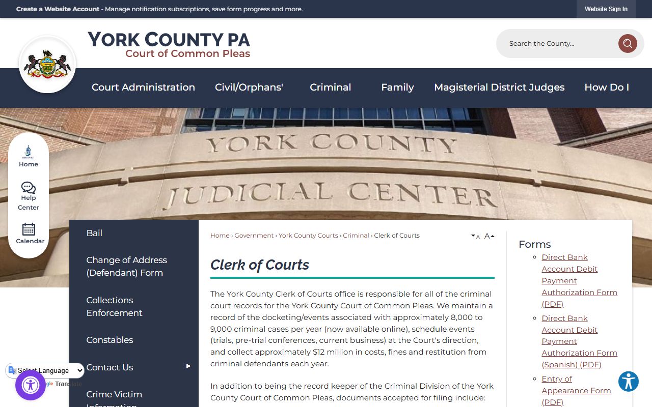 York County Clerk of Courts office for criminal case records and busted mugshots