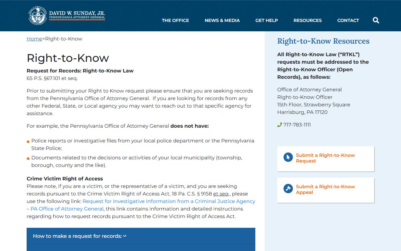 Pennsylvania Attorney General Right-to-Know for arrest records and busted mugshots