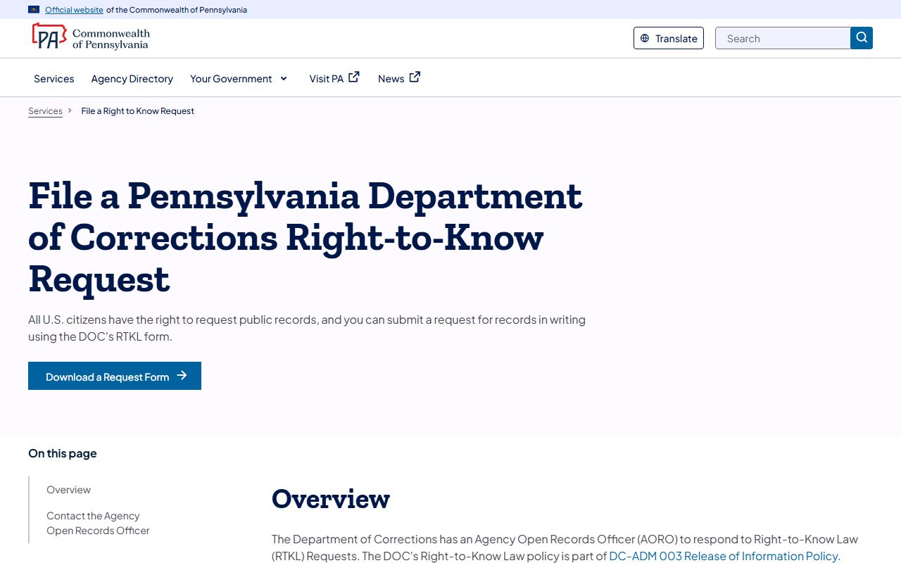 Pennsylvania DOC Right-to-Know request page for busted mugshots records